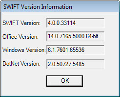 SWIFT Version information dialog