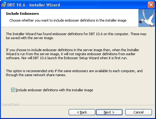 Image shows a dialog with explanatory text, one check box, and three buttons labelled Back, Next, and Cancel.
