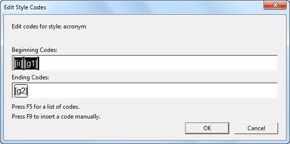 Image shows the Edit Style Codes dialog.