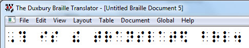 Image shows a translated line of braille dots using the Simbraille font