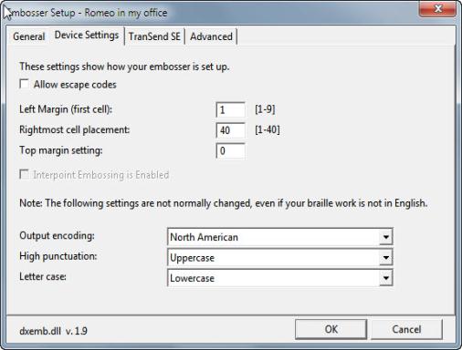 Image shows Global: Embosser Setup: Device Settings dialog.