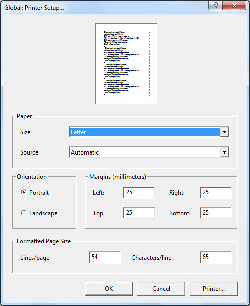 Image shows the Printer Setup dialog.