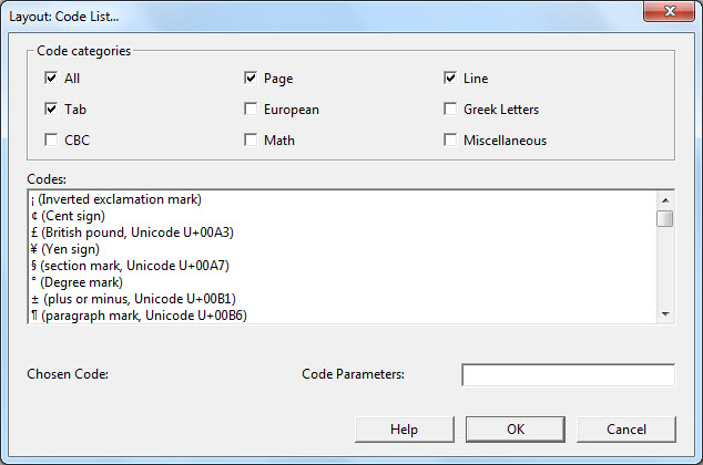 Image shows the Layout: Code List doalog