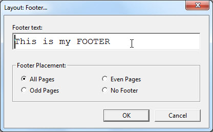 image shows Layout: Footer dialog.