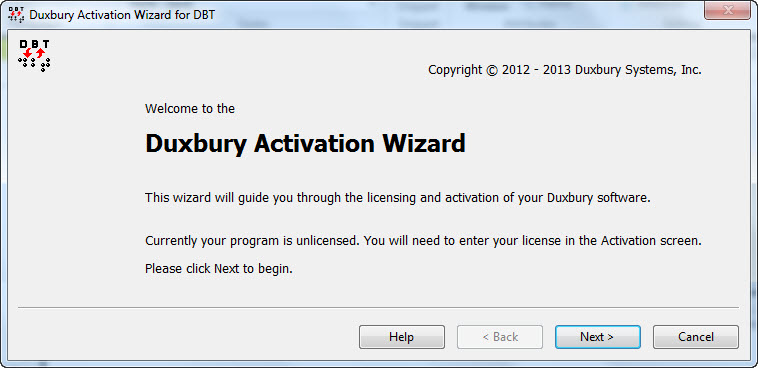 Image shows the initial Activation Wizard sceen with Next of Cancel button