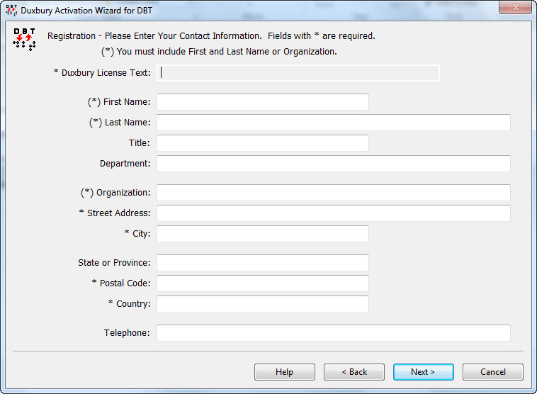 Image shows the Registration form which will be submitted to Duxbury Systems