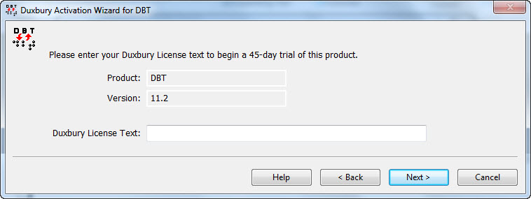 Image shows the dialog which appears enabling you to enter a 45 day activation code.