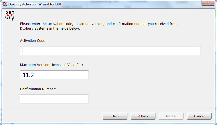 Image shows the dialog into which you may enter your Activation Code and Confirmation Number supplied by Duxbury