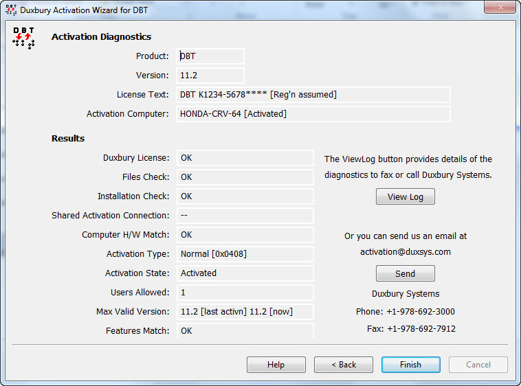 Image shows basic diagnostic details which will be sent to technical support at Duxbury