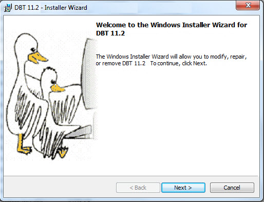 Image shows the welcome screen of the DBT Installer Wizard. The screen has Next buton and a Cancel button.