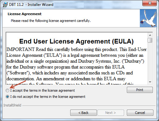 Image shows End User License Agreement (EULA) with radio buttons to accept or decline