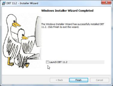 Image shows Installer Wizard's final screen when installation is complete. There is a check box to check if you wish to run DBT at this stage.