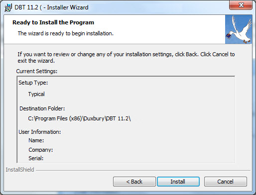 Image shows Installer Wizard screen showing Current Settings for installation.