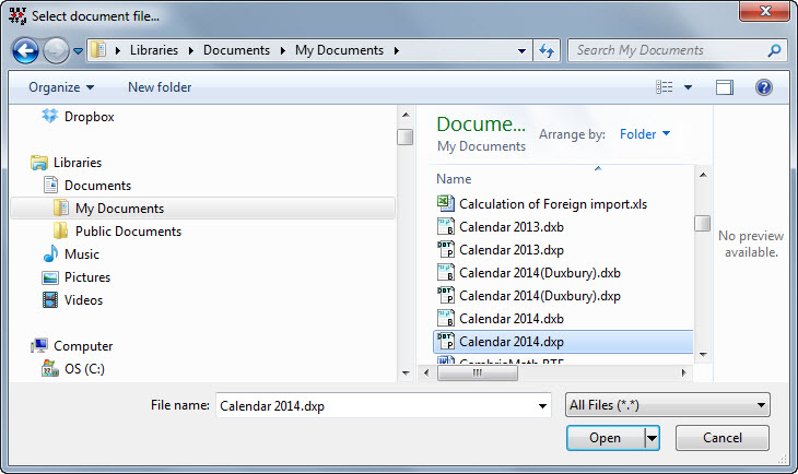 Image shows the Open File dialog, which is actually titled "Select document file".