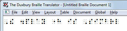 Image shows a translated line of braille dots using the Simbraille font