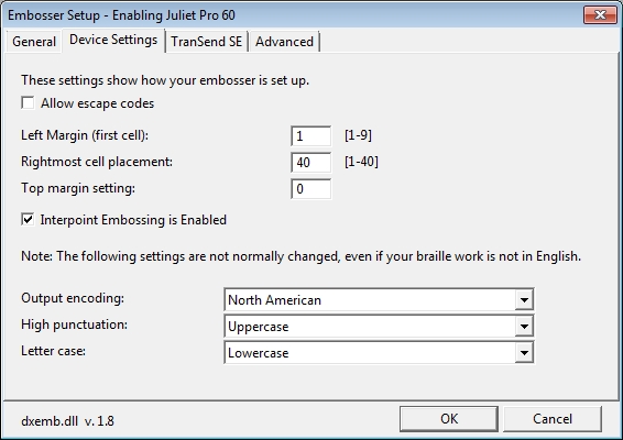 Image showing the Device Settings tab with details for a Juliet Pro 60 Embssoer