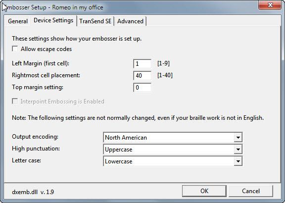 Image shows Global: Embosser Setup: Device Settings dialog.