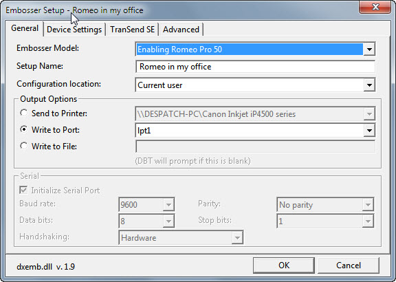 Image shows Glbal: Embosser Setup: General dialog.