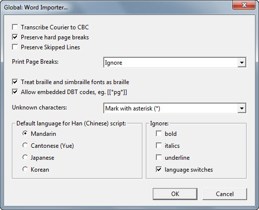 Image shows the Global: Word Importer dialog.