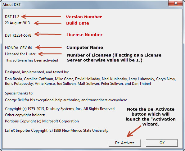 Image shows the Help: About DBT screen.  If you need to contact Duxbury for Technical Suport, you will be asked for your Version, Date, License Number all of which are contained inthis dialog