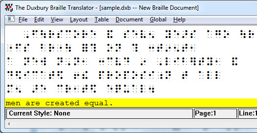 Image shows the DBT Braille editor window with the backtranslated equivalent of the line the cursor is located on.