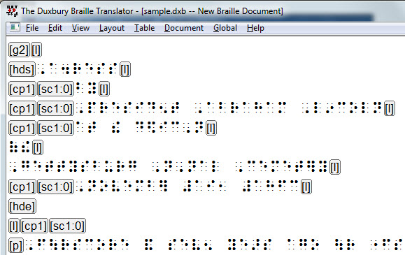 Image shows a Braille file with codes displayed.  The braille font used here is Simbraille.