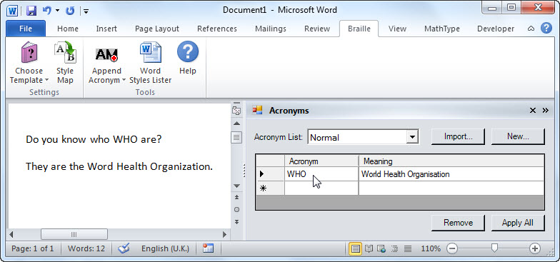 Image of Word with Acronym Table dialog showing.