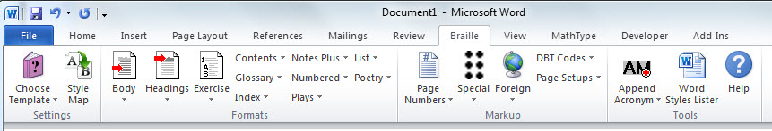 Image shows the SWIFT Braille Ribbon when BANA Literary is selected.