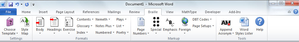 Image shows the SWIFT Braille Ribbon when BANA Nemeth is selected.