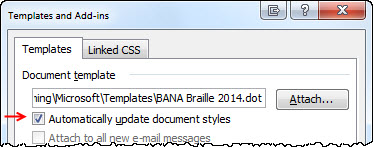Word 2003 Templates and Add-ins dialog, with "Automatically updated document styles" checked