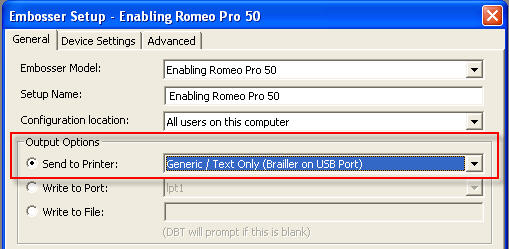 Image shows DBT's Globalk Embosser Setup dialog where Output Option radio button is check, and Generic/Text only printer is selected.