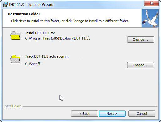 Image shows the installer's Destination Folder dialog. Two folder locations are shown as non-editable text. The first folder location is labelled "Install DBT 10.6 to:". The second folder location is labelled "Track DBT 10.6 activation in:". There is a button labelled "Change" next to each folder location. There are three buttons, labelled Back, Next, and Cancel, at the bottom of the dialog.