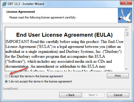 End User License Agreement with accept or reject radio buttons showing