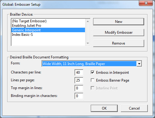 Image shows main Global: Embosser Setup dialog.