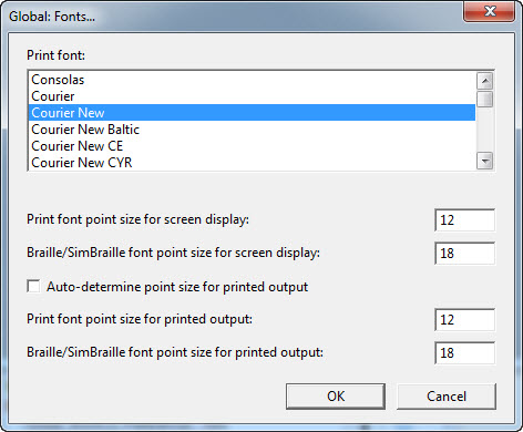 Image shows the Global: Fonts dialog