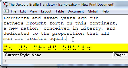 Image shows the DBT Text editor window with a yellow bar at the bottom of the window displaying the braille equivalent of the line where the cursor is located.