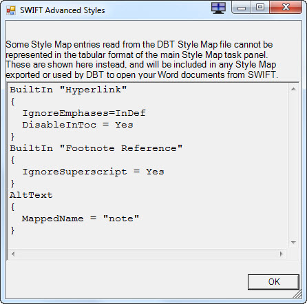 Image of the SWIFT Advanced Style dialog