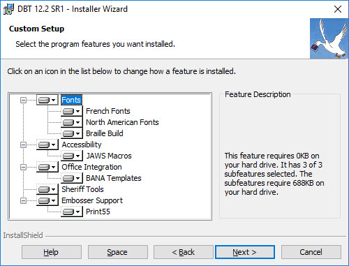 Image shows a Feature Selection dialog. There is a tree control on the left, listing features, an informatoinal panel on the right, describing the feature selected in the tree control, and buttons along the bottom labelled Help, Space, Back, Next, and Cancel.