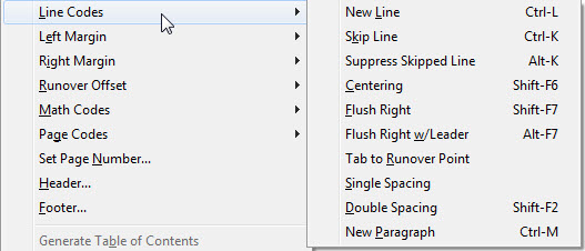 Image shows drop down Layout menu with Line Codes sub-menu