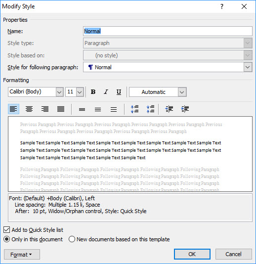 Image shows Word's main Modify Style Dialog