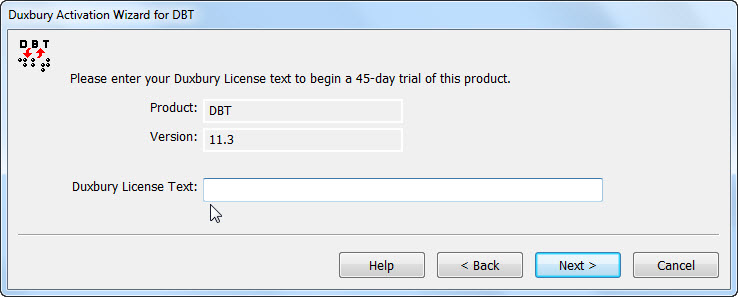 Image shows the dialog which appears enabling you to enter a 45 day activation code.