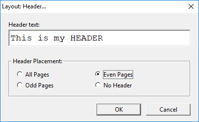 Image shows the Layout: Header dialog.