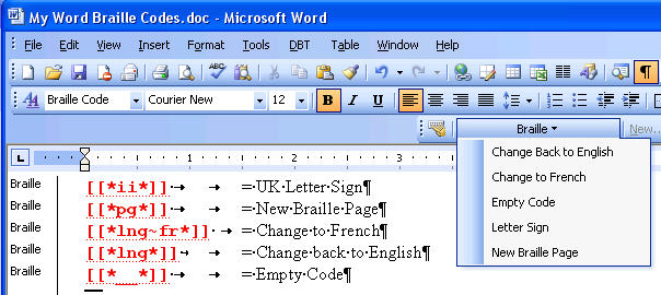 Image shows how the DBT Codes will appear when not hidden in Word.