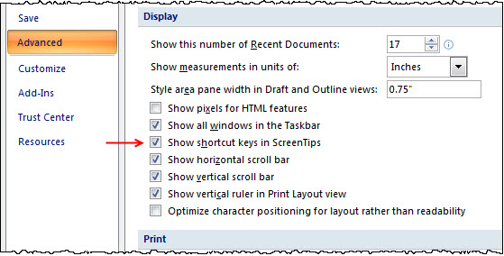 Word 2007 Word Options, Advanced, Display dialog showing "Show shortcut keys in ScreenTips" checked