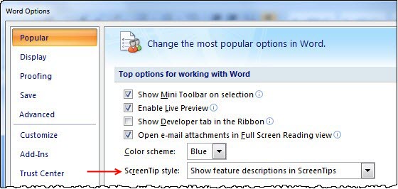 Word 2007 Word Options, Popular dialog showing ScreenTip style set for "show feature descriptions in ScreenTips."