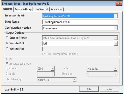 Image shows Glbal: Embosser Setup: General dialog.