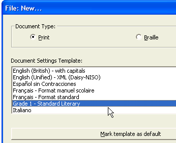 Image shows the File: New dialog with the "Grade 1 - Standard Literary" Template name in the Template list.