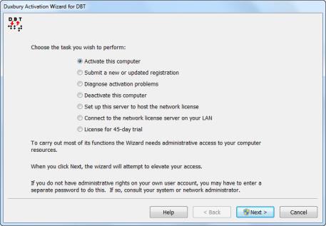 Activation Wizard Dialog showing options as described here.