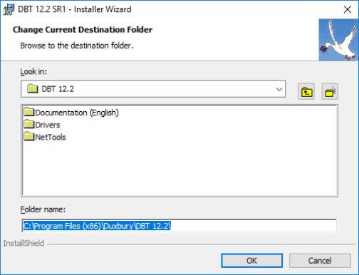Image shows a dialog prompting to Change Current Destination Folder. There is a drop-down list showing the currently selected destination folder, toolbuttons to navigate to the parent directory or create a new subdirectory, an empty list showing the current contents of the destination folder, an editable text field showing the full path to the current destination folder, and OK and Cancel buttons.
