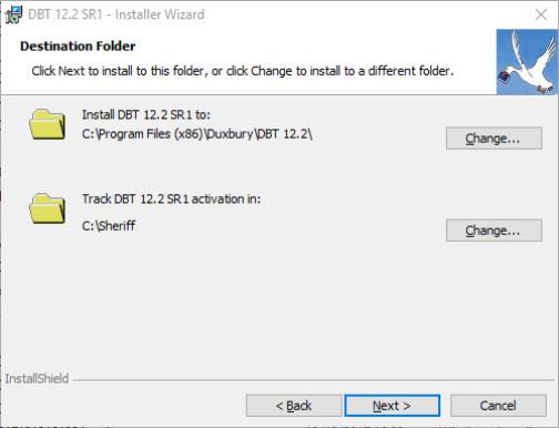 Image shows the installer's Destination Folder dialog. Two folder locations are shown as non-editable text. The first folder location is labelled Install DBT 10.6 to:". The second folder location is labelled "Track DBT 10.6 activation in:". There is a button labelled "Change" next to each folder location. There are three buttons, labelled Back, Next, and Cancel, at the bottom of the dialog.